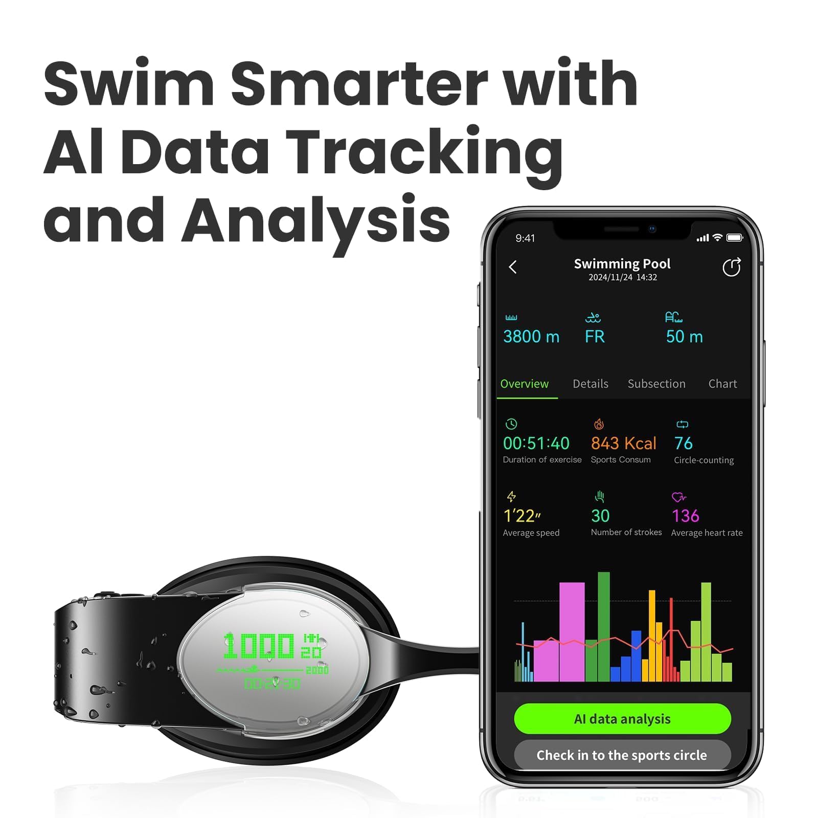 Holoswim 2s AR Smart Swim Goggles, anti-nebbia occhiali da nuoto tracker fitness che mostra le tue metriche, compatibile con la modalità Acque libere