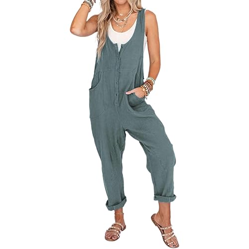 Womens Cotton Linen Overalls Adjustable Straps Jumpsuits Casual Loose Jumpers Sleeveless Pockets