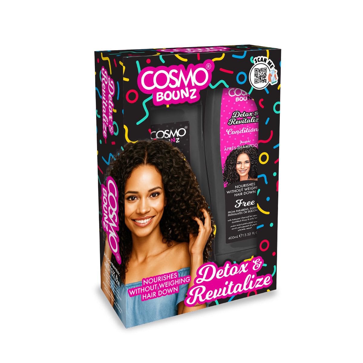 Cosmo Bounz Hair Care Kit Detox & Revitalize Shampoo & Conditioner 400ml 2 Pieces Gift Set, Activated Charcoal, Best For Dyed Black, Frizzy & Curly Hair, For All Hair Types, Paraben & Sulfate Free-image-31