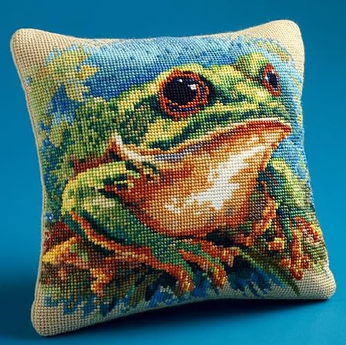 FanZheZhe DIY Embroidery Cushion Pillow Case Animal Frog Needlepoint Craft Set Cushion Kit Cross Stitch Cushion Cover Kit Stitched Cushion Kit,18x18in