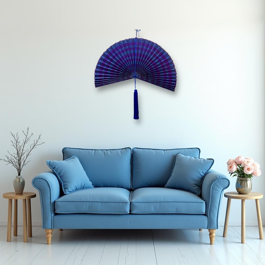 MadeTerra S Decorative Bamboo Fan, Large Folding Fan - Wall Art Hanging Decor - 25.5 x 17.7 inch BLUE