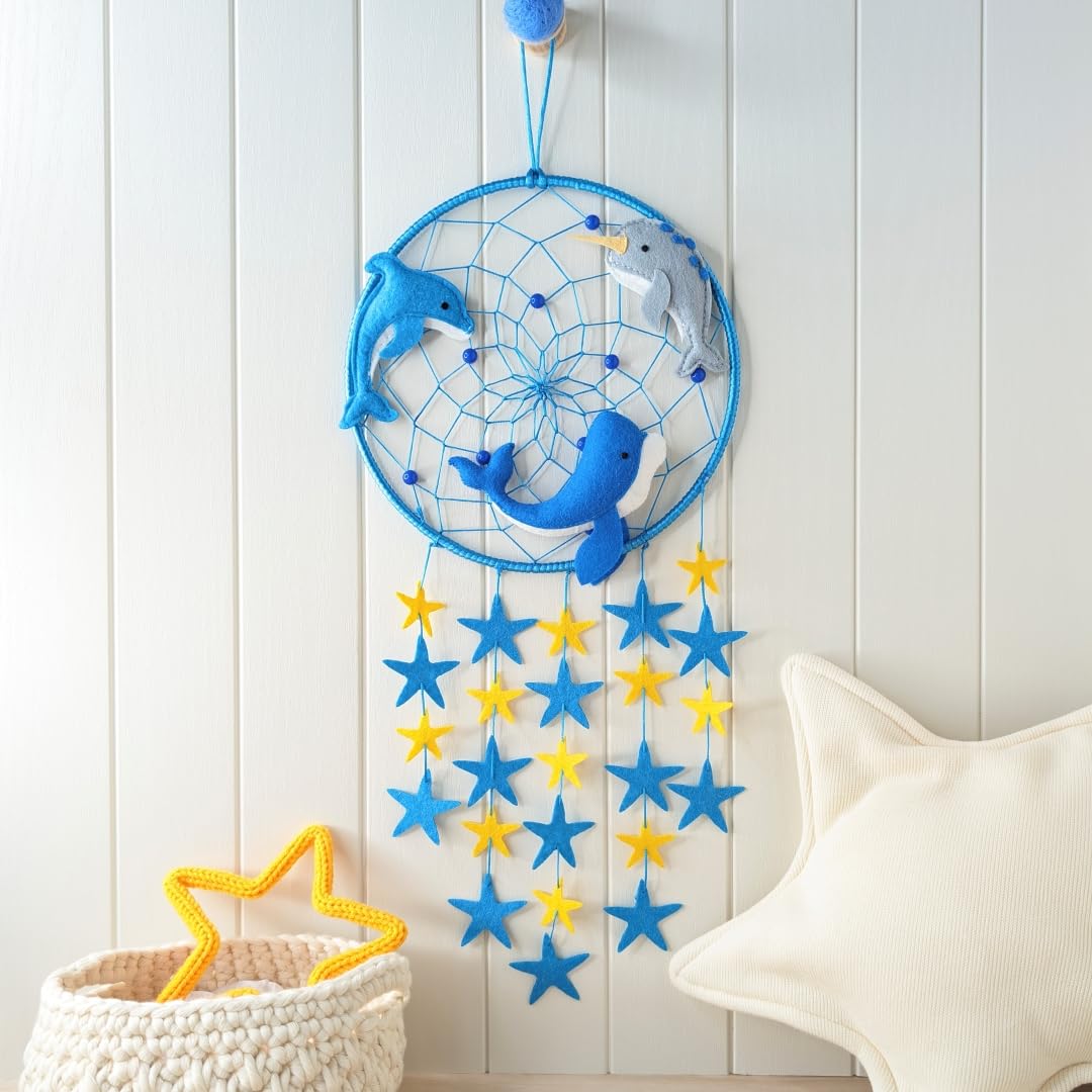 Kikiddo Under The Sea Dreamcatcher - Ocean Nursery Decor with Narwhale, Blue Whale, and Dolphin - Perfect Nautical Theme for Kids - Under The Sea Bedroom Decor - Montessori Wall Art