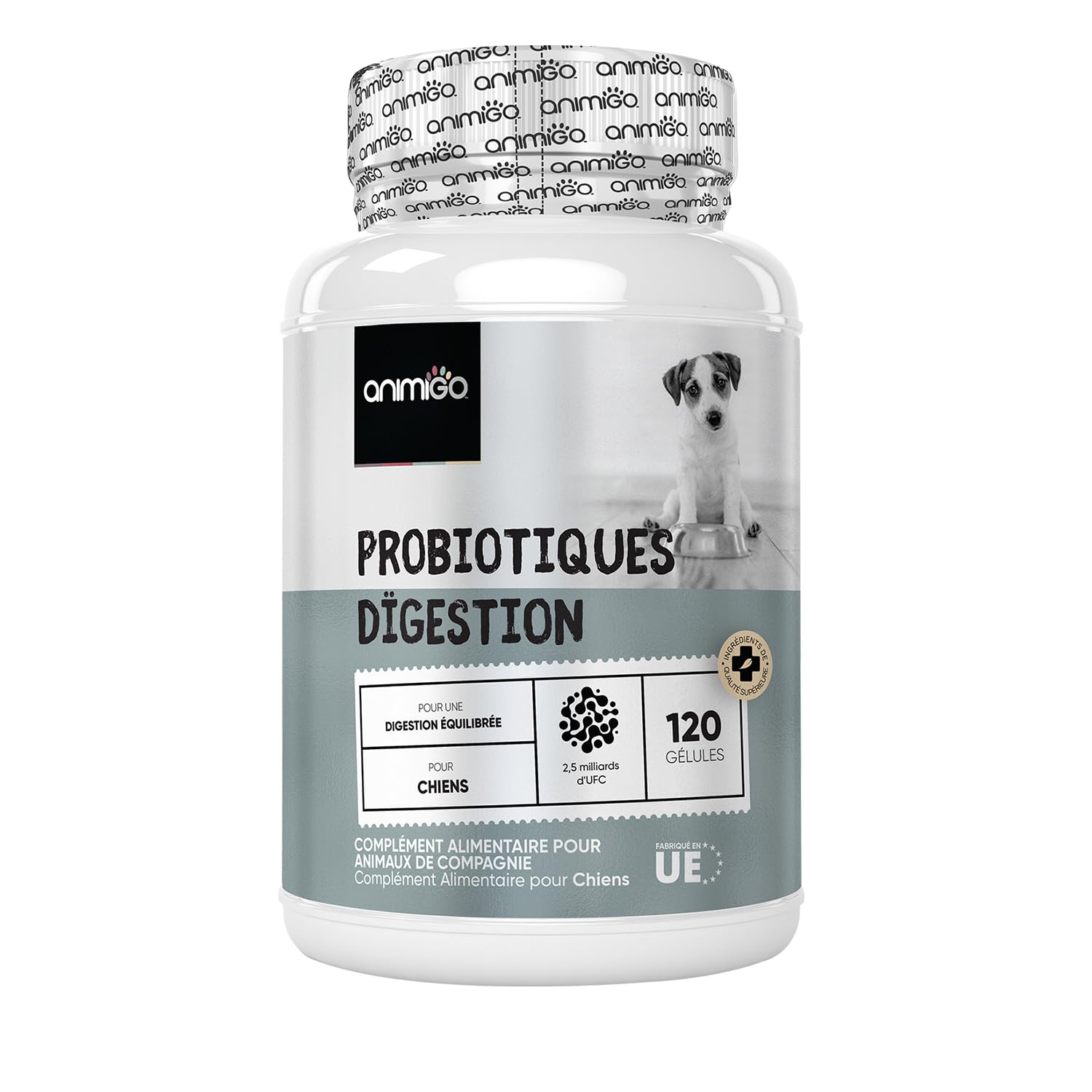 Probiotique Chien, 120 Gélules - 2,5 Milliards d'UFC par Portion, avec Ingrédients Naturels, Enzymes digestives et Probiotiques Chien - Fibres Solubles, 95% de Fructanes (FOS)