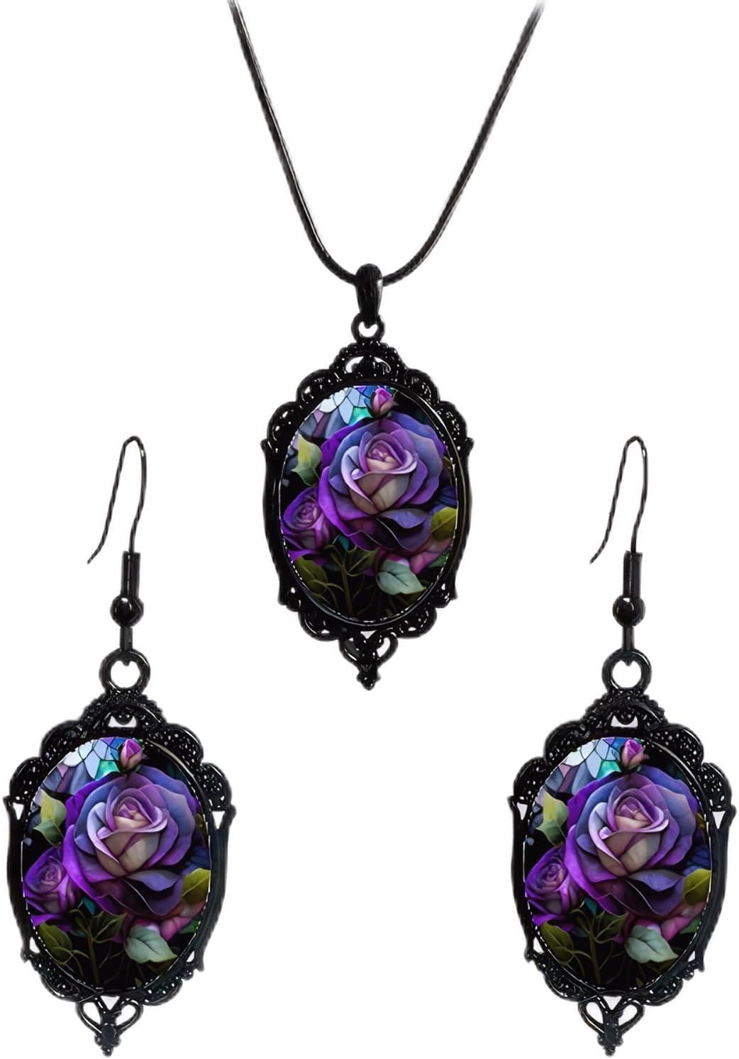 Gothic Halloween Earring Necklace Set for Women,Vintage Crow Bat Vampire Glass Pendent Necklace Punk Style Raven Witch Cameo Dangle Earrings Wicked Victorian Halloween Costume Accessories Jewelry