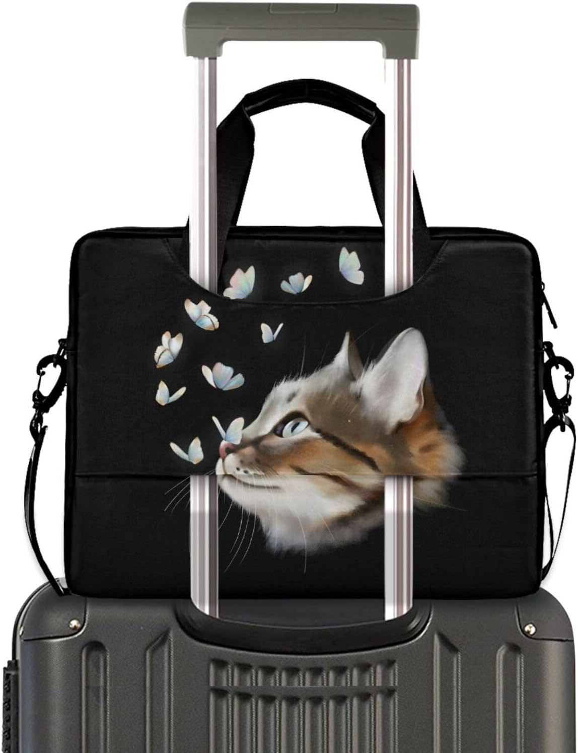 Cute Kitty Cat with Butterfly Laptop Bag Case 13 14 15.6 inch Laptop Messenger Bag Crossbody Briefcase for Men Women with Shoulder Strap Handle image 4