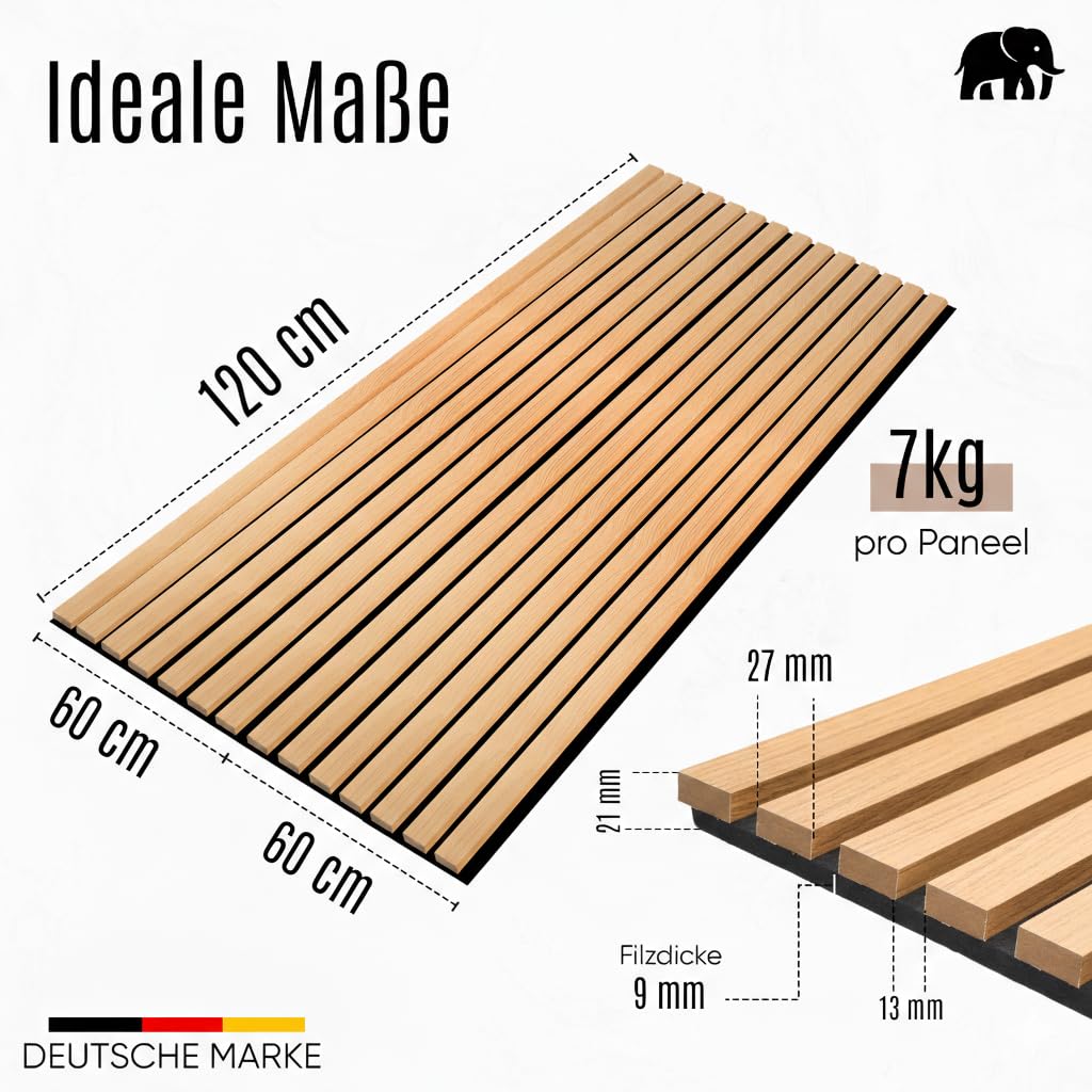 Akustikpaneele Holz, 2er Set, je Paneel 120 x 60 x 2,1 cm, 1,44 m², 3D Holz-Wandpaneele für bessere Raumakustik, Wandverkleidung innen (Sand-Eiche)
