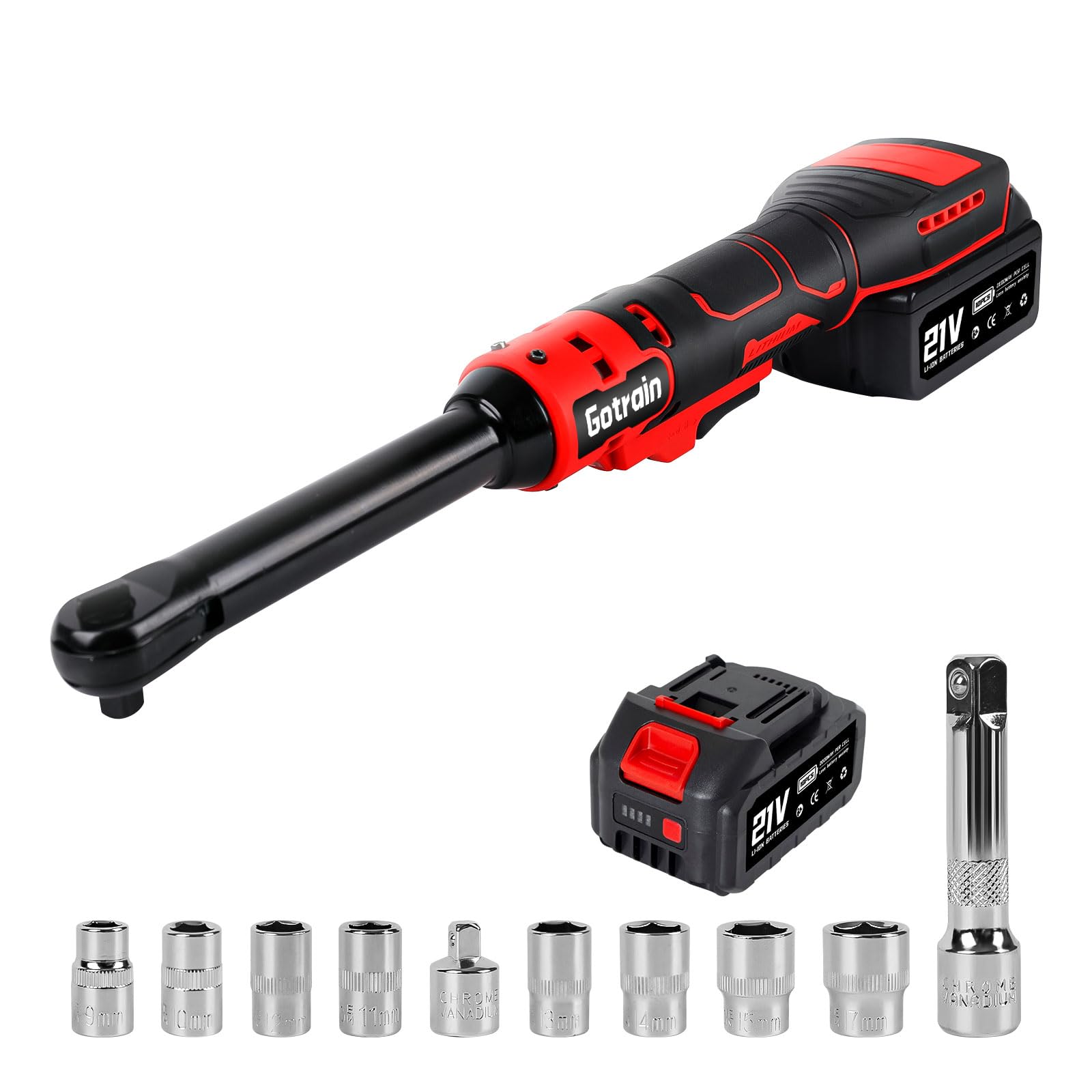 Kit de llaves de carraca inalámbricas 21 V 3/8" 80 N·m trinquete eléctrico de velocidad variable, batería y cargador de 2,0 Ah, 8 enchufes, adaptador de 1/4", barra de extensión de 3