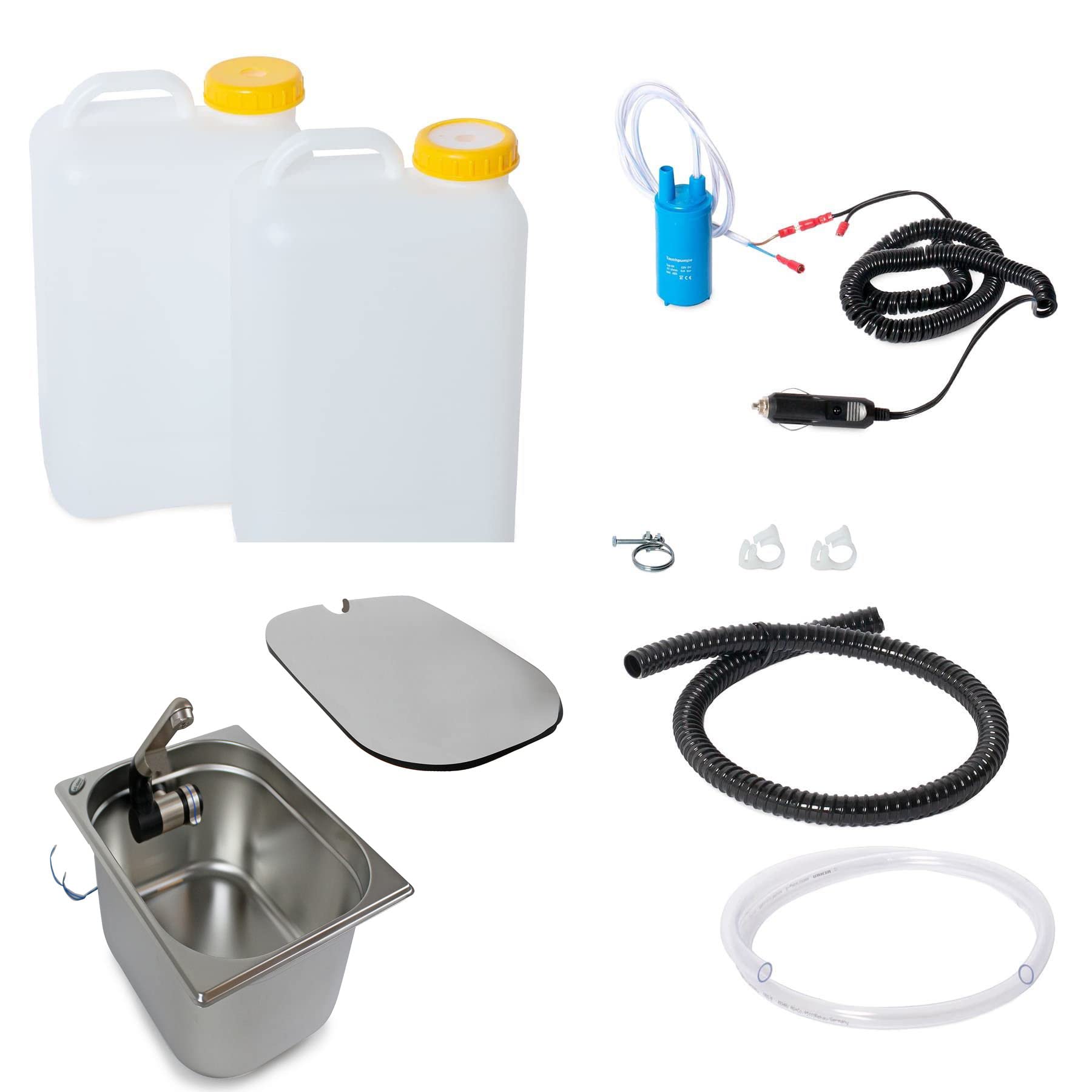 12V DIY Camping Miniküche Bausatz Wohnmobil Caravan 325x265x150 Integr. Wasserhahn + Abdeckung Weiß 19 Liter (ad-ideen)