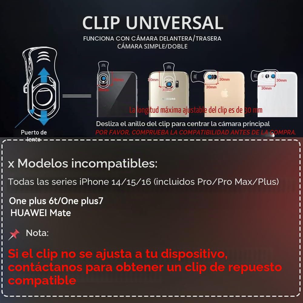 Apexel 18x Kit de Lentes telefoto (Lente Ancha 0.63x y Lente Macro 15x, Ojo de pez a 198 °, trípode Flexible para iPhone y Samsung) Black