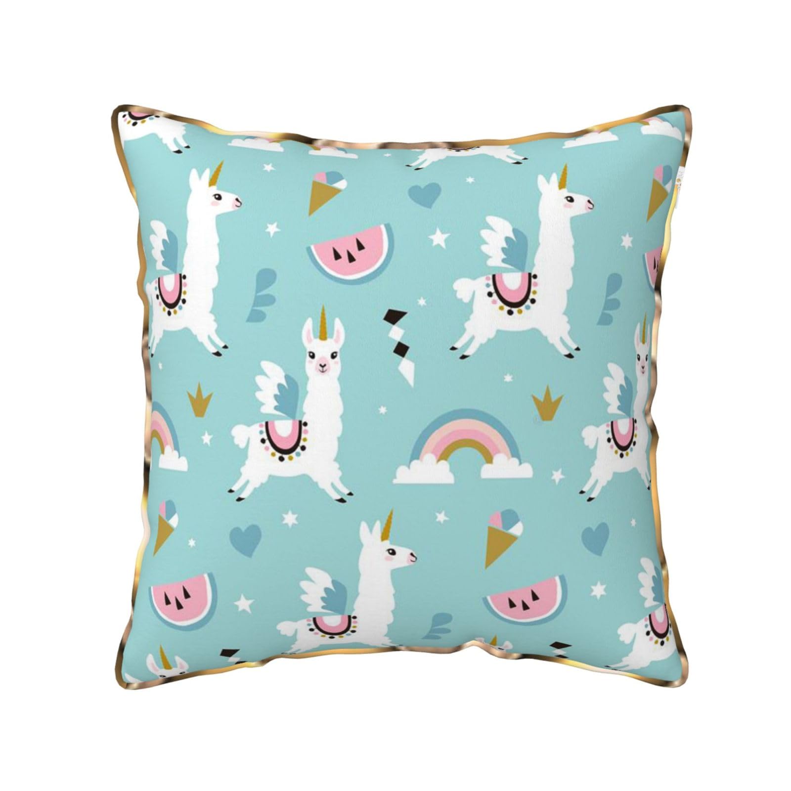 AUBKFELD Cute Llama Printed Velvet Cushion Cover 40x40 CM with Gold Edging Strip, Square Pillowcase Soft Throw Pillow Covers Case Decorative for Living Room Sofa Couch Bed Bench