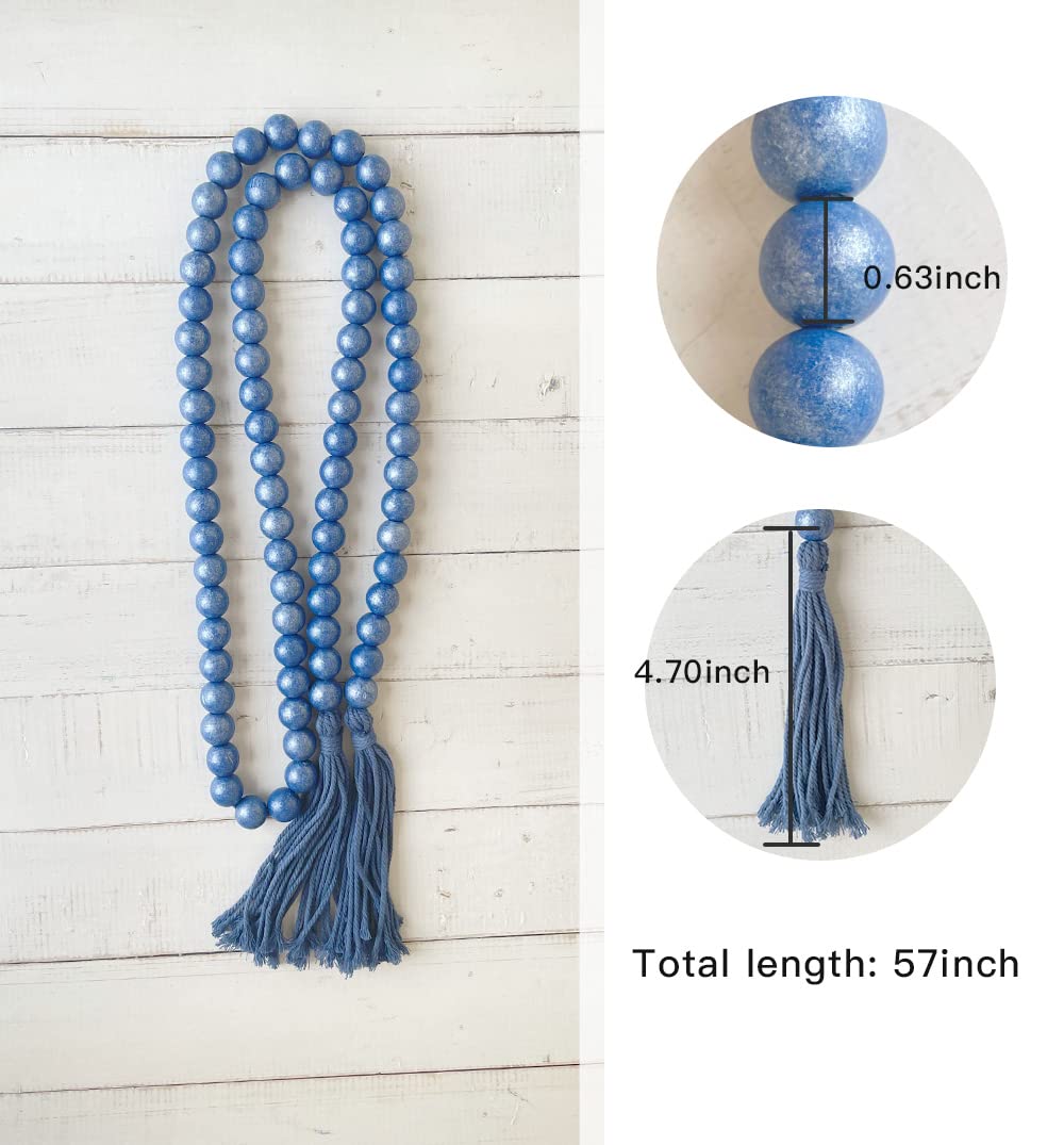 Insiswiner Farmhouse Beads 58in Handcrafted Darkblue Wood Bead Garland with Tassels Rustic Country Decor Prayer Boho Beads Big Wall Hanging and Coffee Table Decor