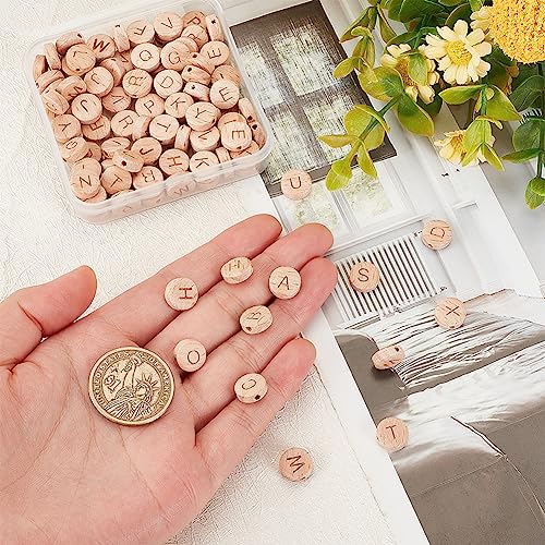 OLYCRAFT 104 Pcs 10mm Alphabet Wooden Beads Round Flat Alphabet Beads Natural Beech Flat Wood Bead with 1.6mm Hole Wooden Loose Bead with Initial Letter for Jewelry Making and DIY Crafts - Image 3