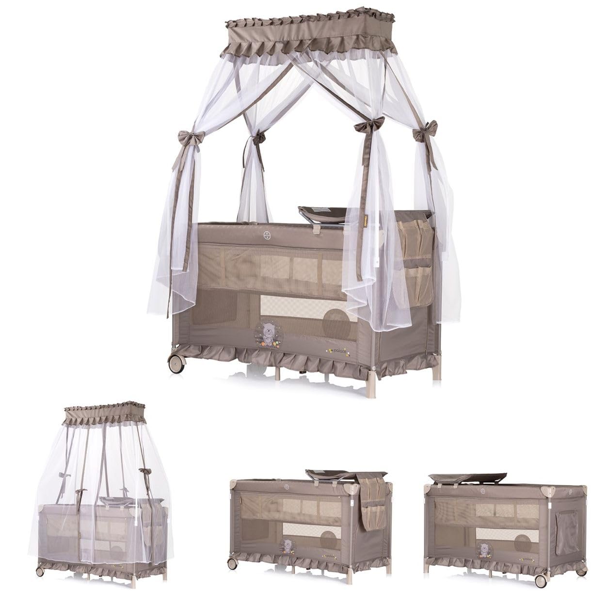 Chipolino Reisebett Palace, Baldachin Moskitonetz zwei Ebenen Wickelauflage, Farbe:beige/braun