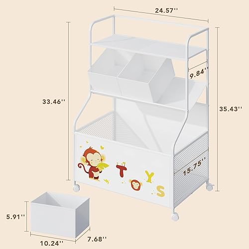 Miniatura 7 de BBLIKE Organizador de almacenamiento de juguetes con ruedas, caja de juguetes grande de 3 niveles para niños, almacenamiento en el cofre de juguetes