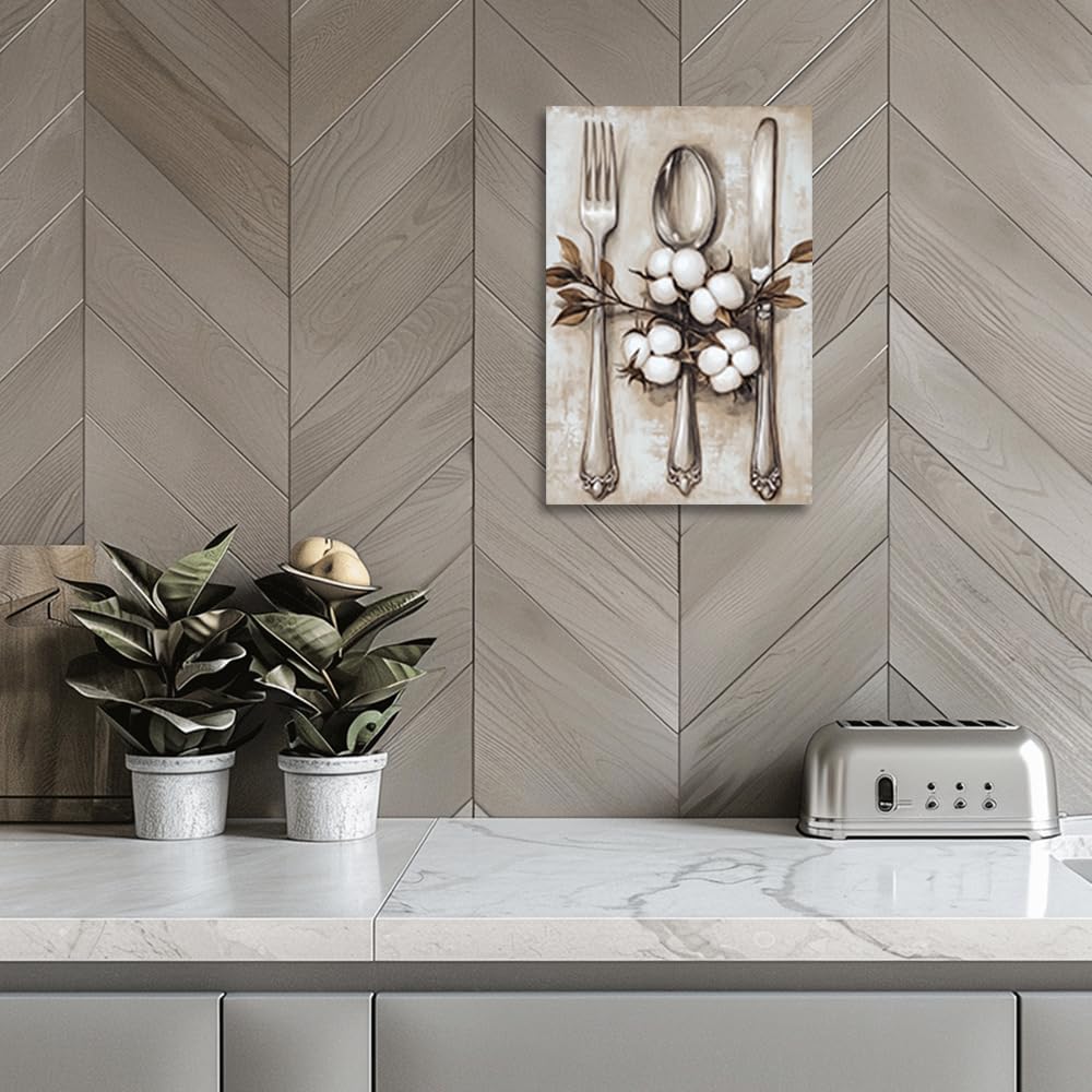 CGXLB Vintage Cutlery Wall Art Rustic Spoon Fork Knife Painting Country Farmhouse Kitchen Decor for Dining Room 20"x30"