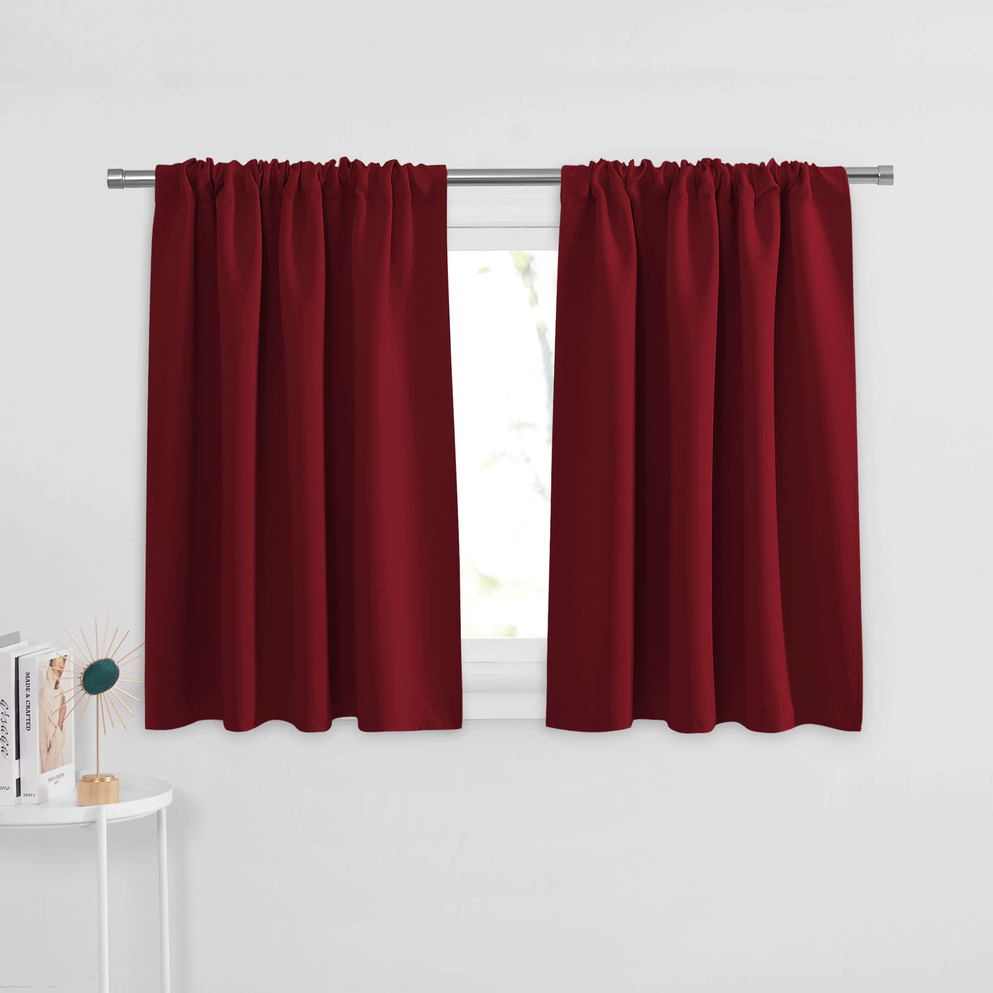 PONY DANCE Short Curtains for Small Window - Home Decoration Rod Pocket Solid Blackout Curtain Tiers Wide for Bathroom/Bedroom, 42-inch x 36-inch, Red