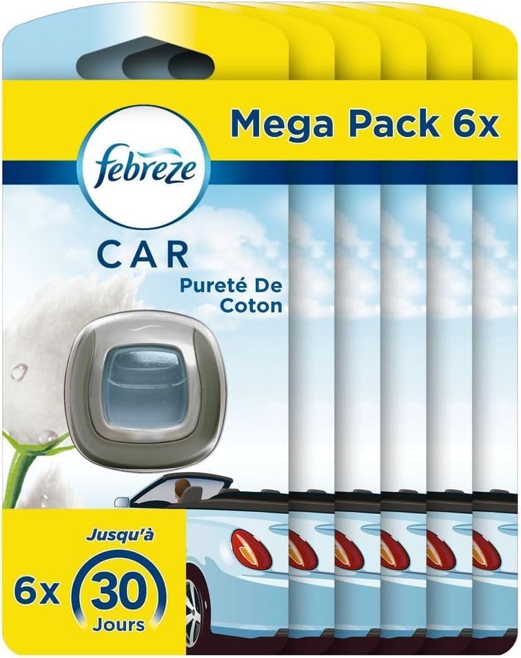 Febreze Pureté de Coton: Mega Pack de 6 - Élimine les Odeurs Persistantes de Voiture