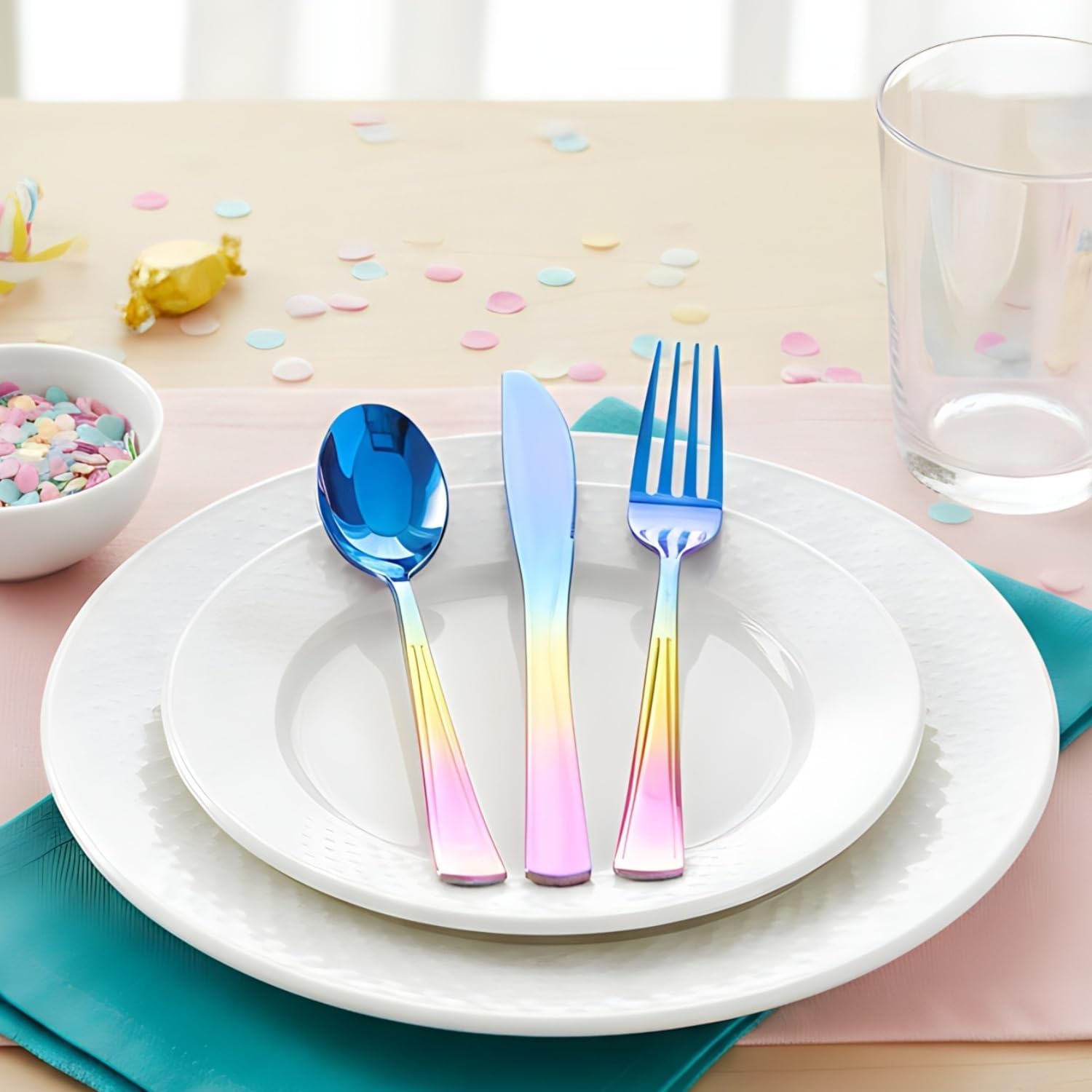 Fun Express 7" Rainbow Metallic Fork, Knife and Spoon Plastic Cutlery Sets - 24 Ct.