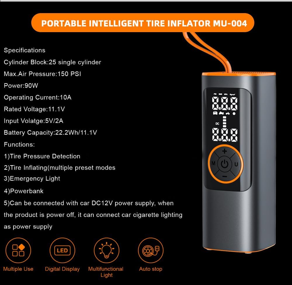 Tire Inflator Portable Air Compressor – 150 PSI Tire Inflator with Dual Digital Display,Auto Shut-Off,LED Light – 4X Faster Inflation Handheld Air Pump 6000 mAh Battery,Motorcycle,Bicycle,Balls