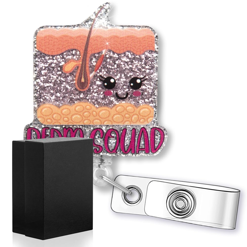 rofiowa Derm Squad Funny Glitter Badge Reel Retractable Badge Holder for Aesthetic Cosmetic Nurse Esthetician Dermatologist Dermatology, Skincare,