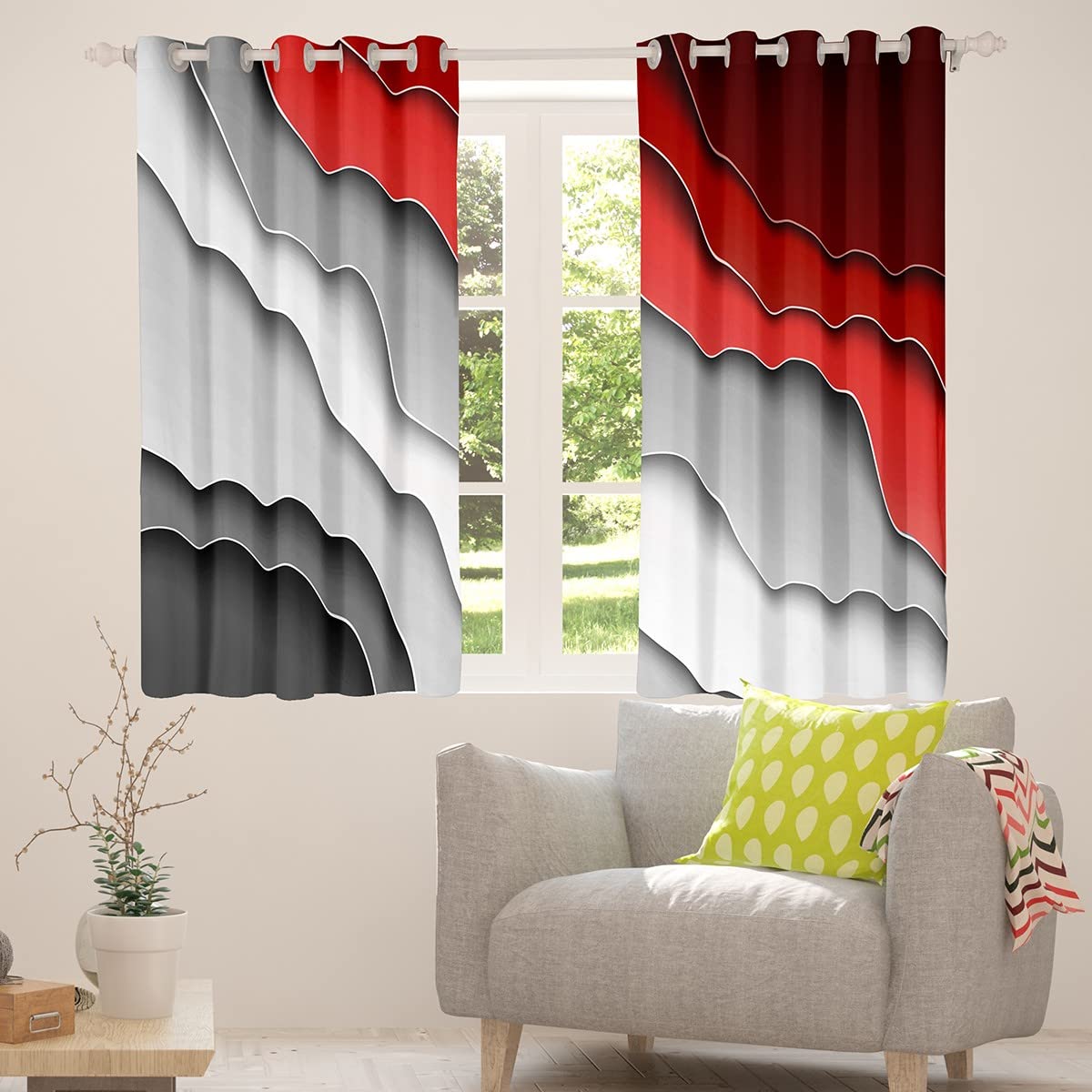 Abstract Ombre Red Gray White Window Curtains for Bedroom Living Room Teens Ocean Waves Striped Curtains Kids Boys Girls Modern Gradient Contemporary Window Drapes Treatments W66*L90 - Image 3