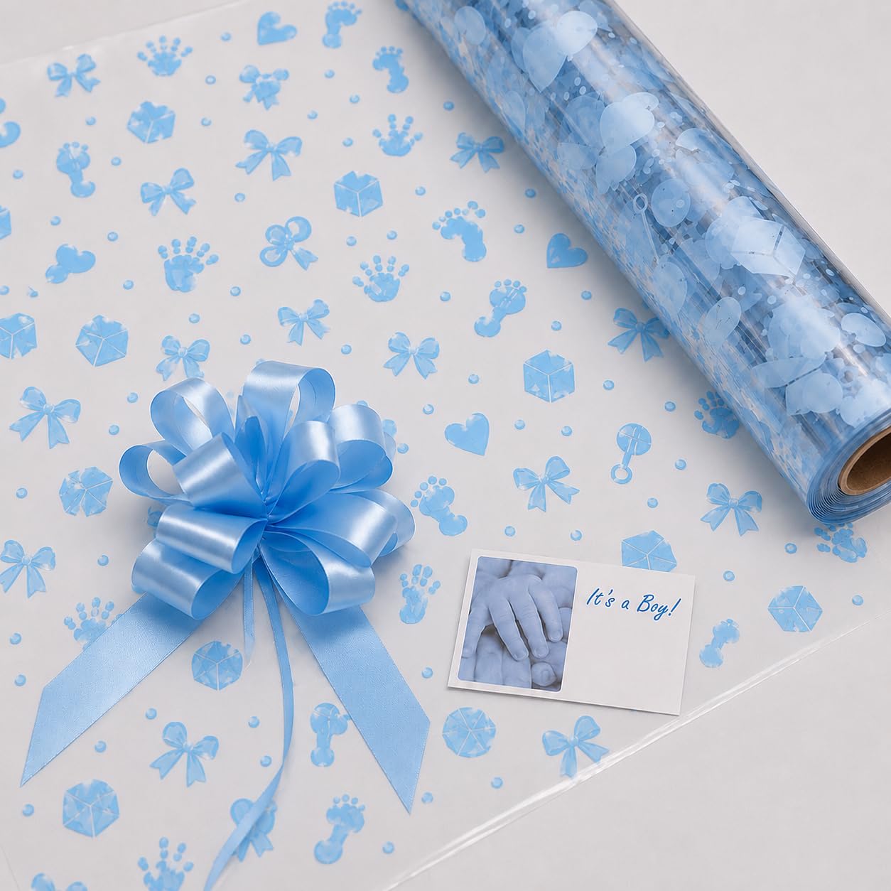ShredAstic® 3 metres Blue Baby Boy Cellophane Gift Wrap Florist Film Baby Shower Nappy Cake wrapping Pull Bow & Card