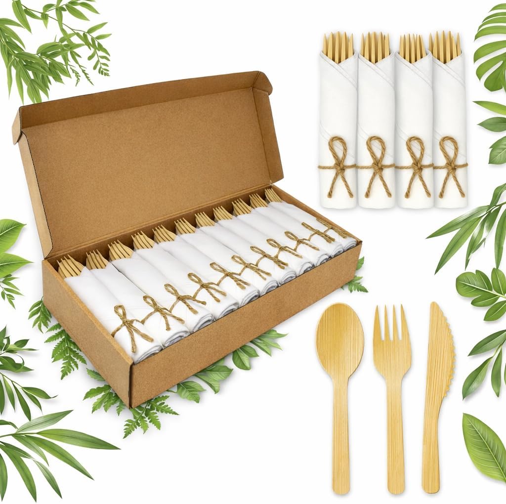 Bamboo Cutlery Set with Napkins - 30 Pack (120 PCS) Premium Eco-Friendly Disposable Utensils - Individually Wrapped Wooden Fork Spoon Knife Set for Party, Picnic, Wedding & Travel