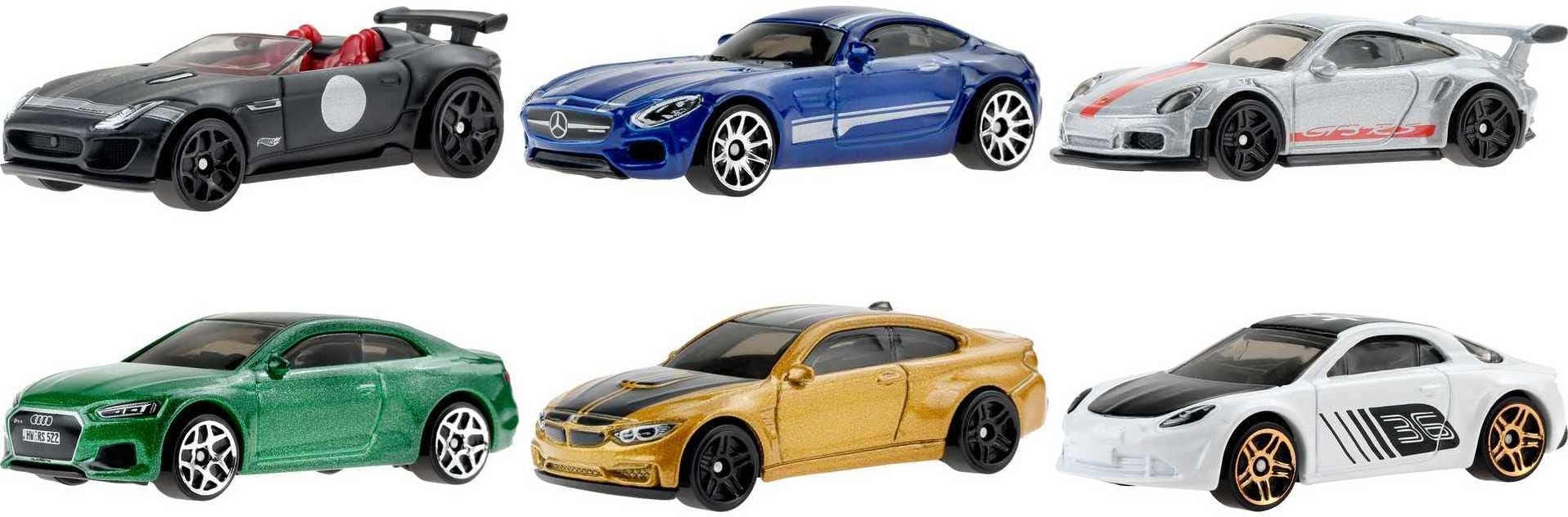 Themed Multipacks of 6 Toy Cars, 1:64 Scale, Authentic Decos, Popular Castings, Rolling Wheels, Gift for Kids 3 Years Old & Up & Collectors