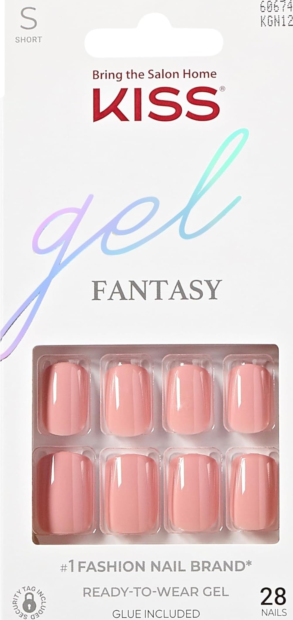 KISS Gel Fantasy Collection Glue-On Manicure Kit, Ribbons, Short Length Square Fake Nails Includes 28 False Nails, Nail Glue, Nail File, and Manicure Stick