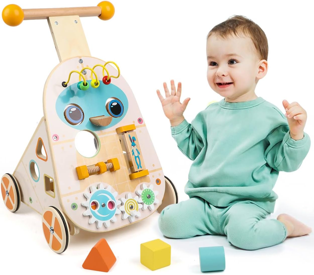Wooden Push Walker, Adjustable Speed Baby Push Walker Activity Center Toys, Wooden Baby Walker Push and Pull Learning Activity Walker, Learning & Walking Toy for Boys Girls