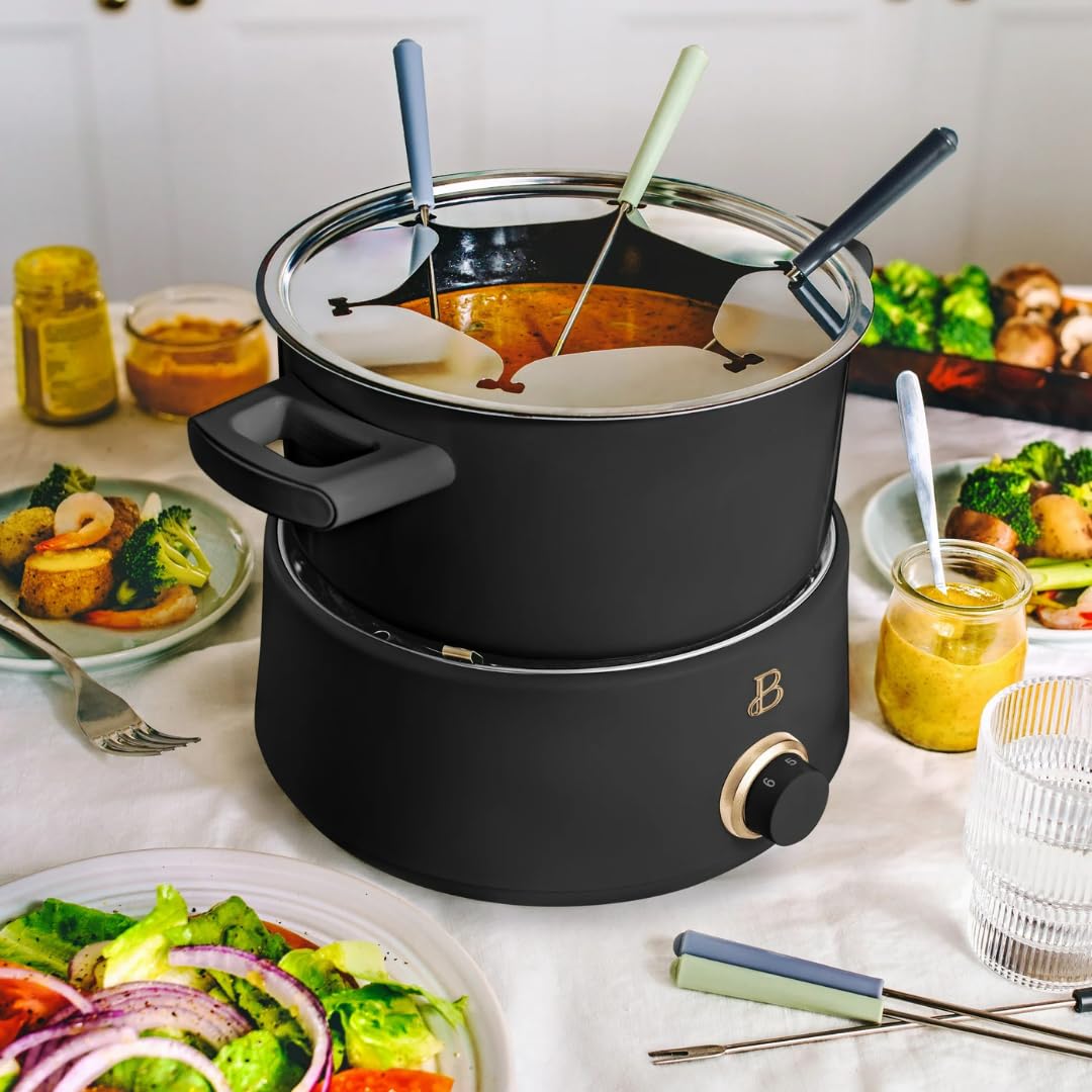 Beautiful 3-Quart Electric Fondue Set by Drew Barrymore – 1000W, Stainless Steel Pot, Bonus 2Qt Ceramic Insert, Adjustable Temperature, Nonstick, Dishwasher Safe
