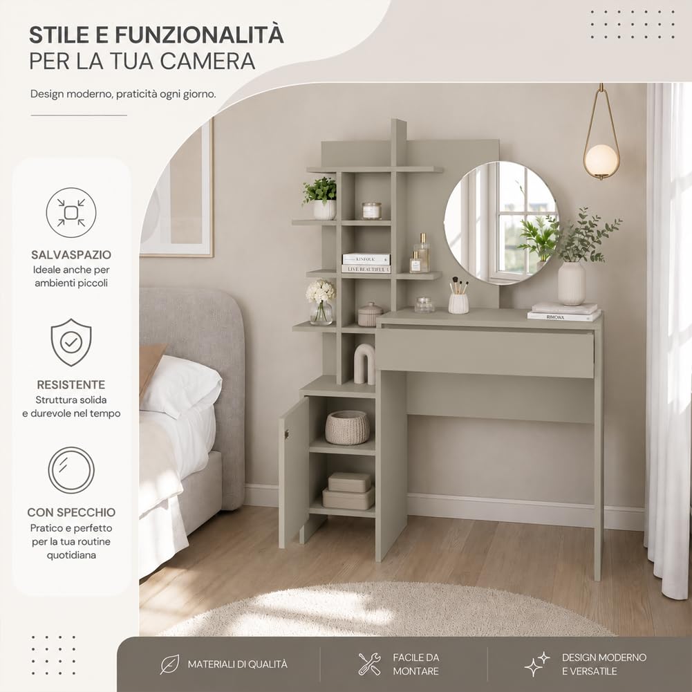 Shally Dogan Toletta Trucco con Specchio Rotondo e Mensole, Postazione Make Up Salvaspazio con Struttura in Legno Resistente, Ideale per Camera da Letto 105 x 35 x 151 cm (Sabbia)