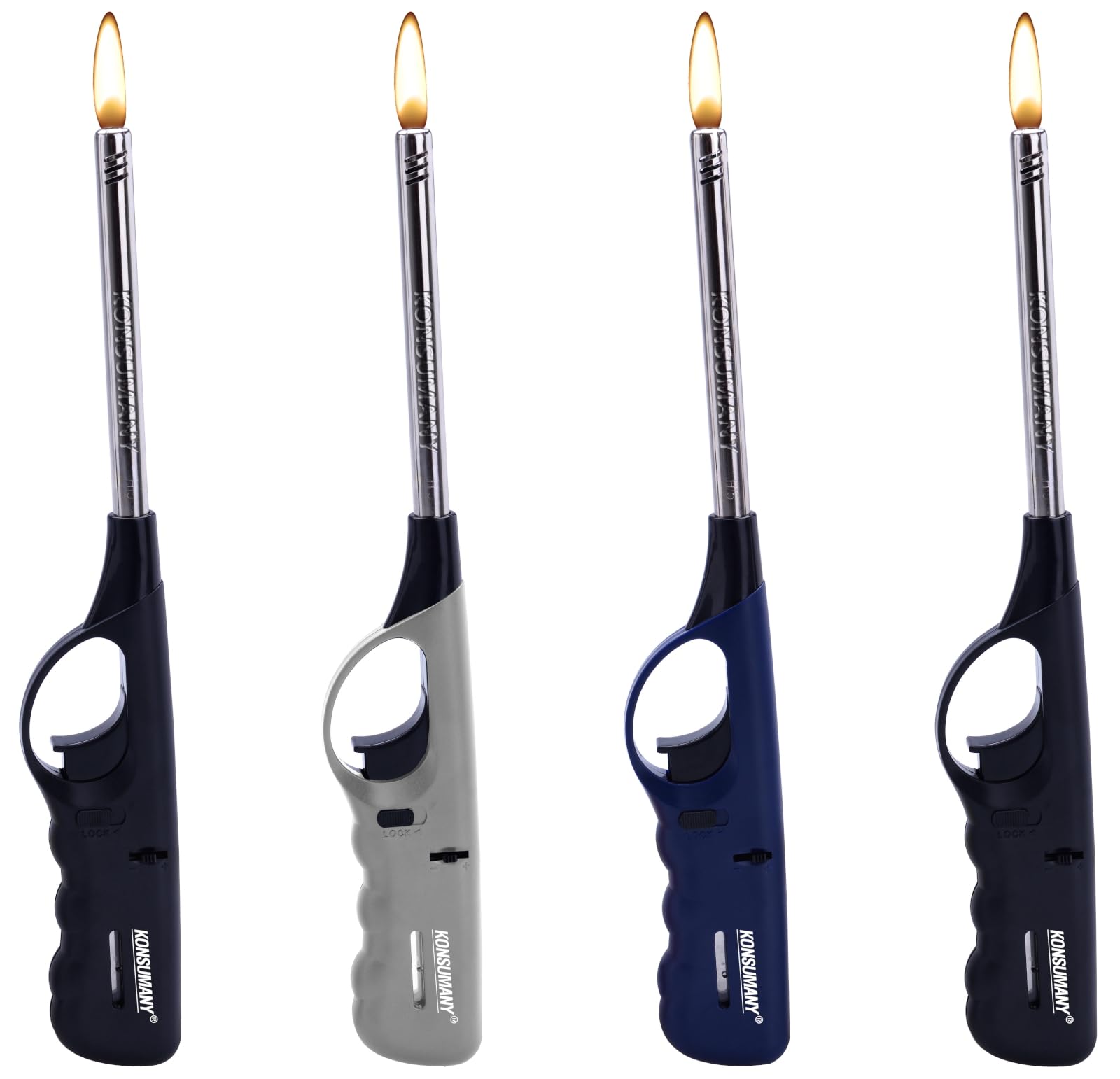 KONSUMANY 4 Stück Stabfeuerzeug Gas Feuerzeug 27 cm Lang Nachfüllbar (Grau, Blau, Schwarz + 4. Farbe nach Verfügbarkeit)