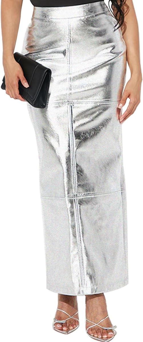 LuFeng Women's Sexy Summer Sparkly High Waist Slit Hem Bodycon Club Mermaid Maxi Skirt - Image 2