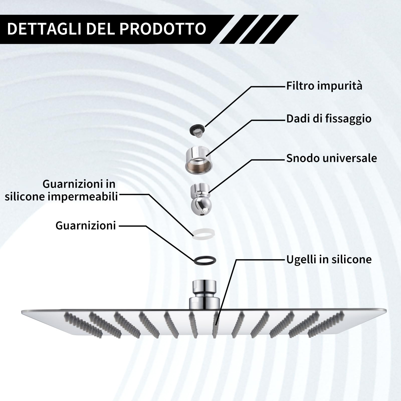 Soffione Doccia Fisso Quadrato 30x30 cm 304 Acciaio Inox Pioggia 144 Ugelli Silicone Anticalcare Regolabile 360° Cromo