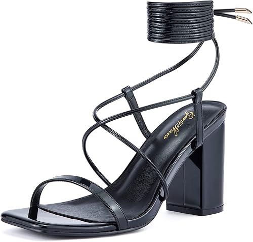 GENSHUO Sandalias de punta cuadrada para mujer, con cordones, tacones altos y gruesos, sandalias de tiras de tacón de bloque, envoltura al tobillo,