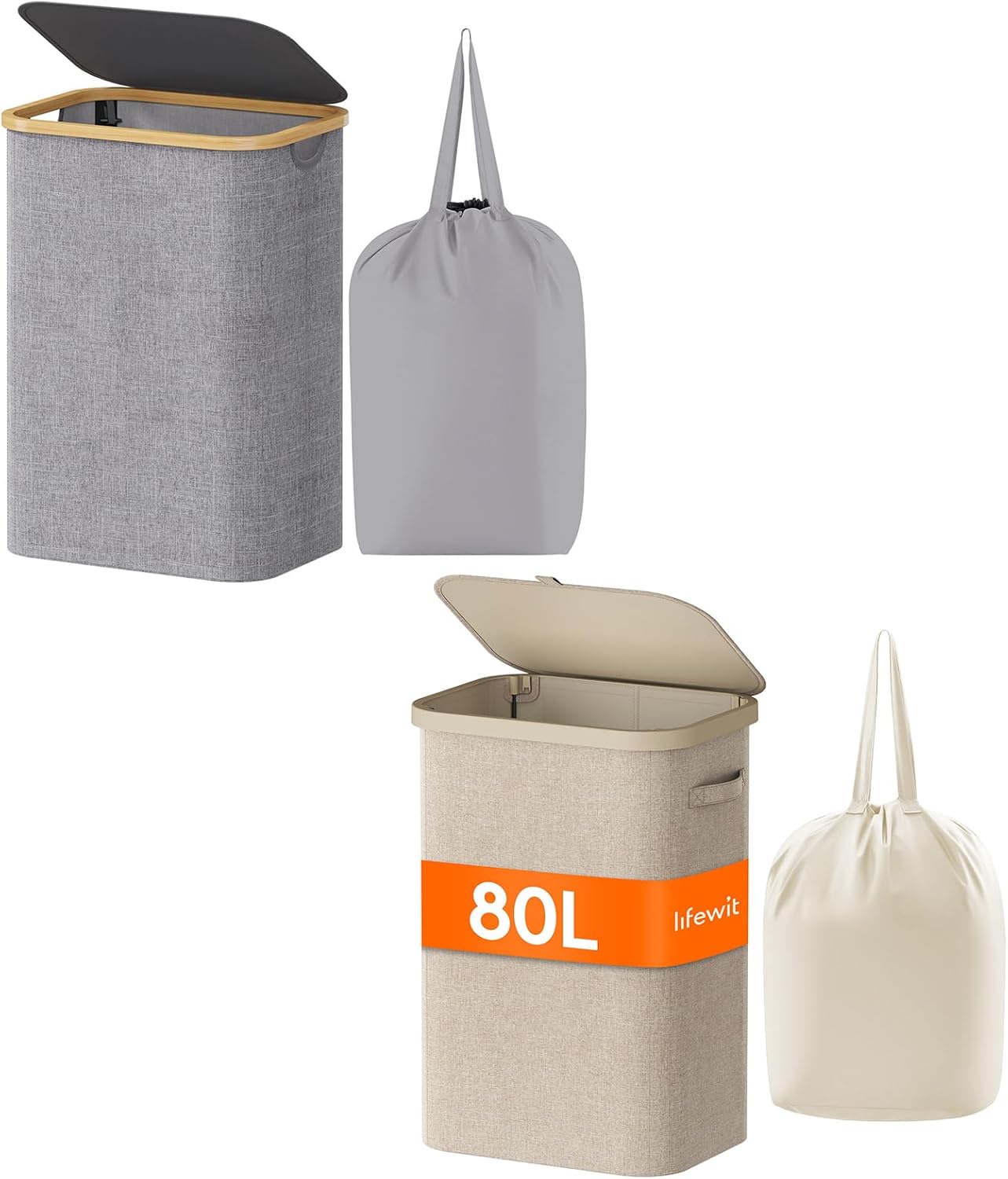 Lifewit 80L Laundry Basket with Lid Bamboo Handles and A Removable Laundry Bag, and Plastic Tall Dirty Clothes Hamper for Laundry Room, Bathroom, Bedroom, Dorm, Light Gray and Beige