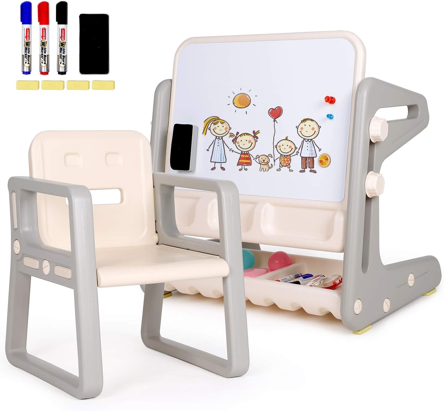 Kids Table and Chairs, 3-in-1 Activity & Study Table with Chairs, Convertible Kids Art Easel with Magnetic Whiteboard & Storage Tray for Boys & Girls