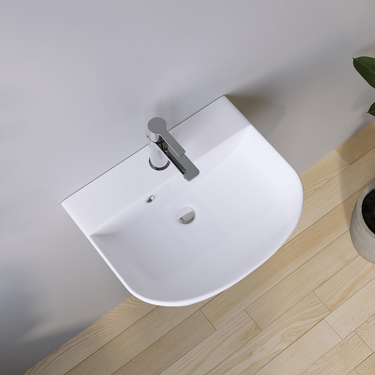 Waschbecken aus Keramik 44 x 36 cm Waschtisch Hängewaschbecken Halbrund Ovales Handwaschbecken Weiß Badezimmer Gäste WC mit Hahnloch Überlauf Stockschrauben | OHNE Wasserhahn | OHNE Ablaufventil