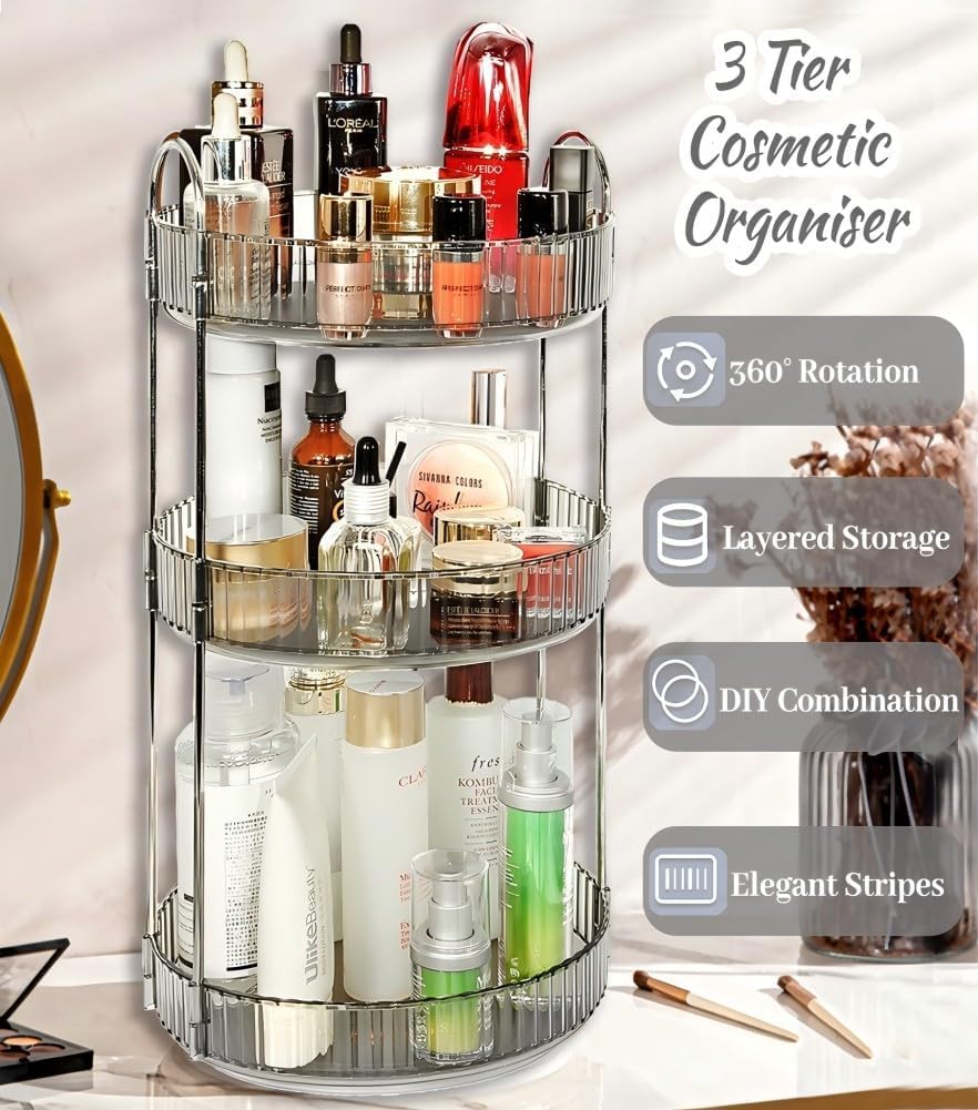 VNIMTI Skincare Organizers 360 Rotating, 3 Tier Makeup Organizer Countertop, Spinning Cosmetics Organizer Display Cases, Beauty Storage for Vanity, Countertop, Bathroom (Gray)