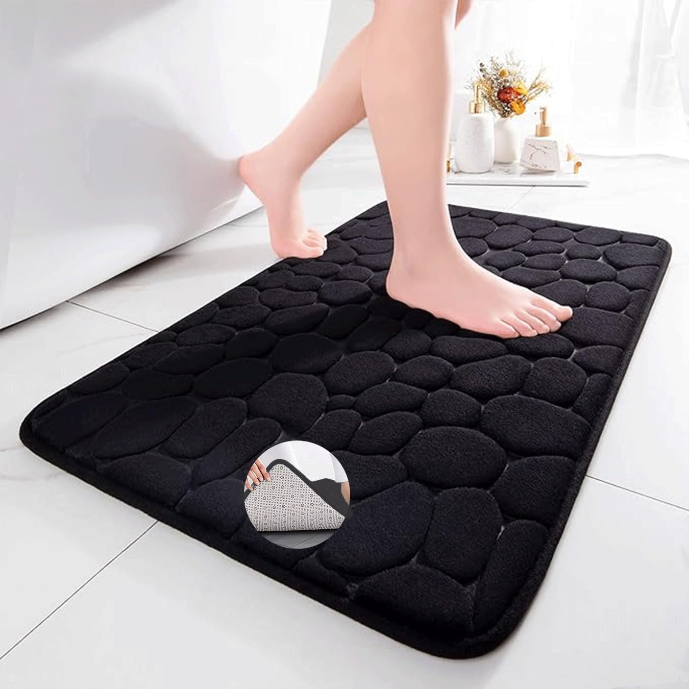 DAVANSU® SUPER Alfombra de Baño Antideslizante 40x60CM, Alfombrilla Baño Super Absorbente, Lavable a Maquina, Alfombra Microfibra para la Ducha y Bañera, Alfombrilla Ultra Suave, Viscoelastica (Negra)