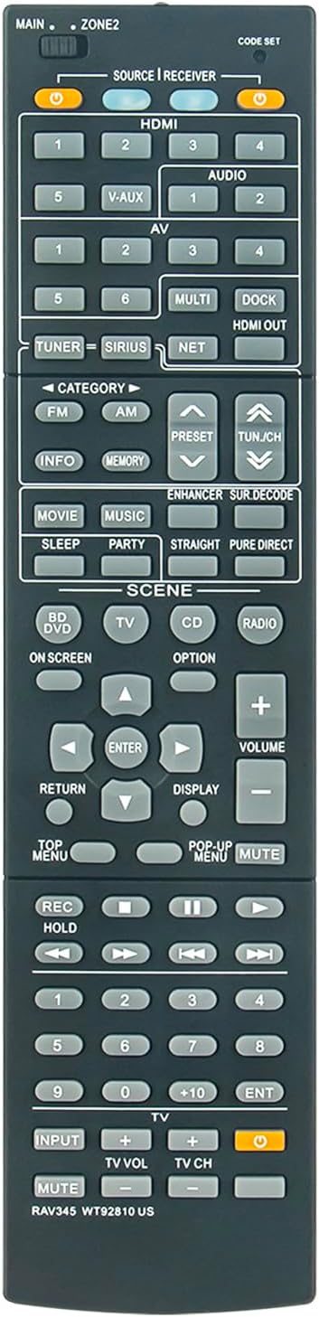 RAV345 WT92810US New Replacement Remote Control Compatible with Yamaha AV Receiver RXV1600 HTR-6130 RX-V571 RX-V771 HTR-6063 RX-V667 RX-V867 RX-V795 RX-V1600