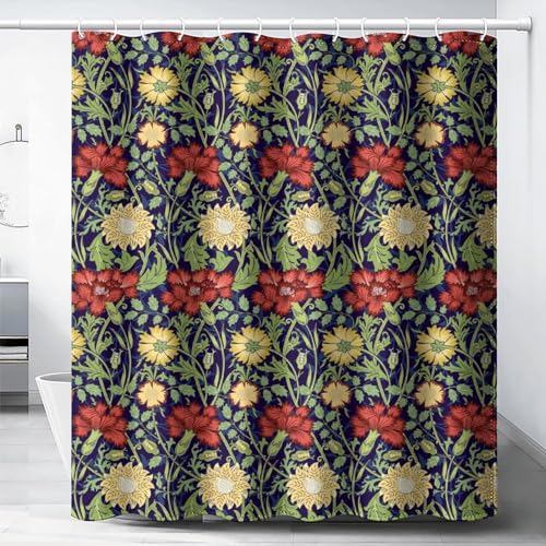 DDCBNS Vintage Flower Shower Curtain, Retro Mexican Folk Art Abstract Red Floral Print Shower Curtains for Bathroom Décor Fabric Waterproof Upholstery Hook 72x72in