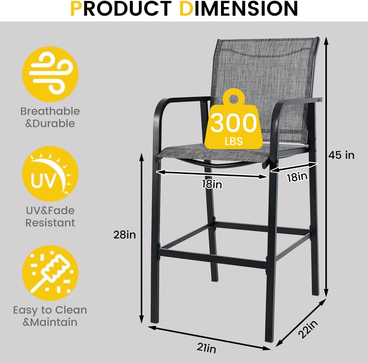 Sundale Outdoor Metal Bar Stool Set of 2, Counter Height Patio Pub Chair with Back, Quick Dry Breathable Sling Tall Barstool for Deck Balcony, Steel - Gray