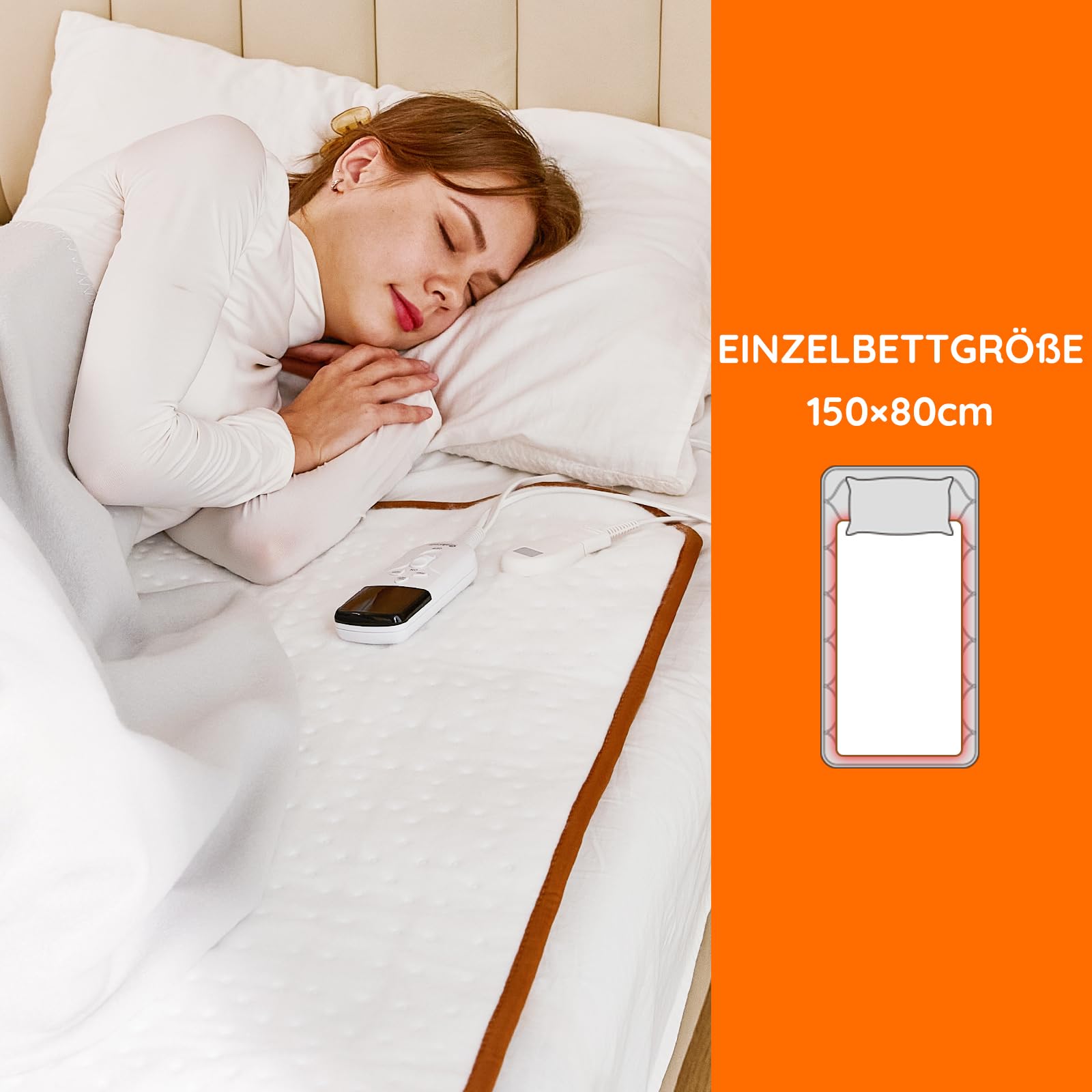 Mia&Coco Heizdecke mit Abschaltautomatik, Wärmeunterbett mit 12-Stunden-Timer und 3 Wärmestufen, LED-Anzeige, Überhitzungsschutz, Wärmedecke für Gängigen Matratzen,Maschinenwaschbar (150 x 80cm)