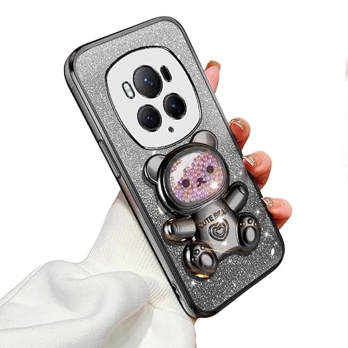 Cases Compatible with Honor Magic 6 Pro Cover, Soft Silicone Electroplated Case, Designed Cute Bear Folding Stand Holder for Women,Camera Lens Protector Shockproof Carcase for Honor Magic 6 Pro (E)