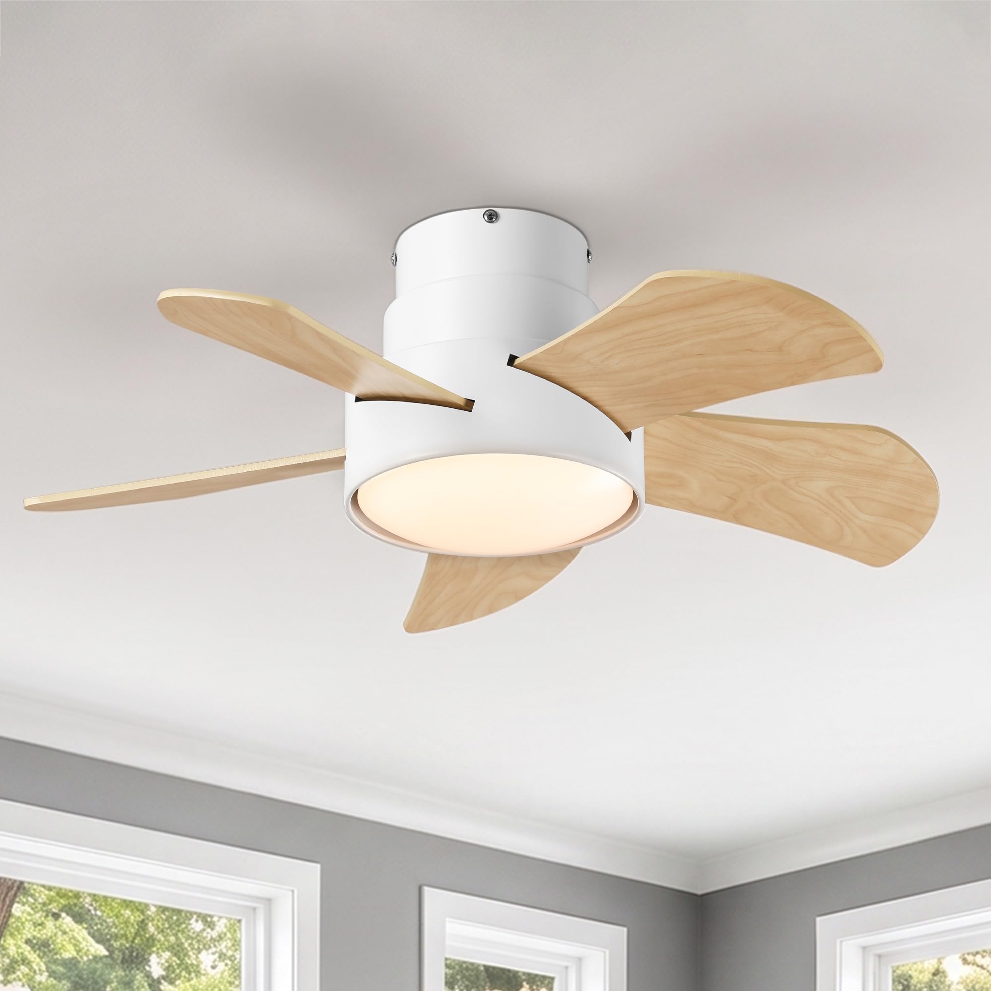 Parrot Uncle 76cm Ceiling Fan with Light, 3000/4000/6500K Dimmable LED, Quiet 20W DC Motor,6 Speeds,Summer/Winter Reversible Function, Remote Control Timer Memory for Bedroom, 5 ABS Blades Woodgrain
