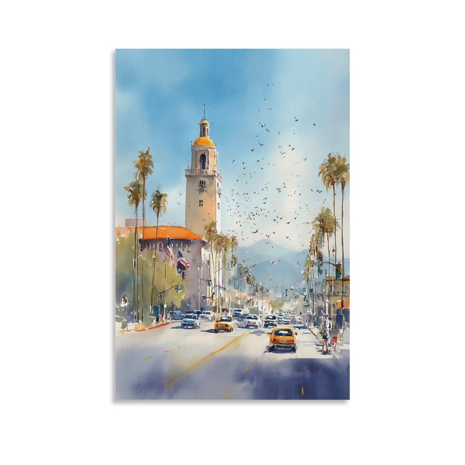 Cnaheiz Unframe-Style San Diego Watercolor Print La Jolla Retro California Wall Art 24X36inch(60X90cm) Vintage Watercolor Canvas Art