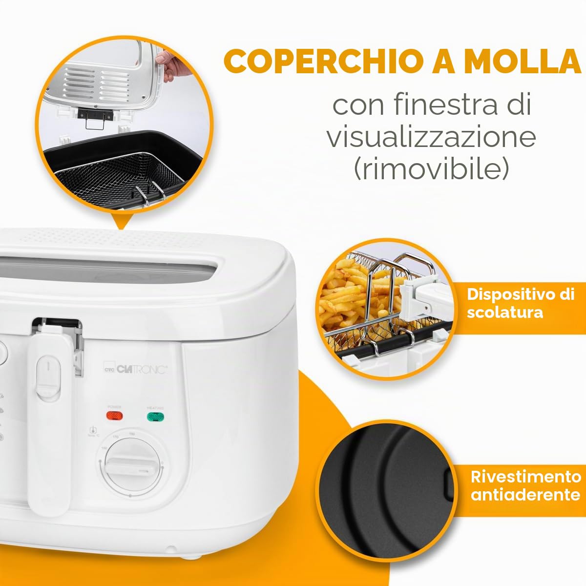 Friggitrice Clatronic | capacità 2,5L | friggitrice con grasso | filtro vapori odori e grassi | contenitore olio antiaderente | termostato a regolazione continua | con olio | FR 3771