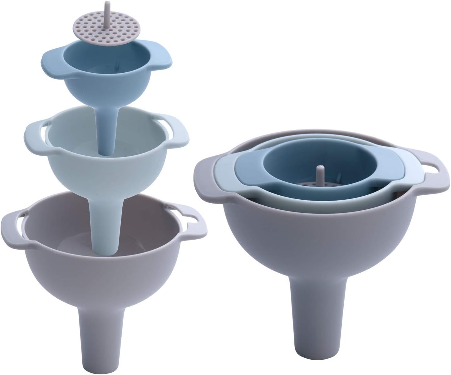 Kitchen Funnel Set - Nested Funnels with Handle - 3 Pack Food Grade Plastic Funnels with Detachable Strainer Filter for Transferring of Liquid, Fluid, Dry Ingredients and Powder